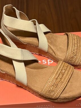Easy Spirit Tan Woven Wedge Sandals with Cream Elastic Straps